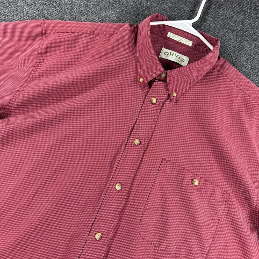 Orvis‎ Button Down Shirt Mens XXL 2XL Red Micro Check Short Sleeve Casual Pocket